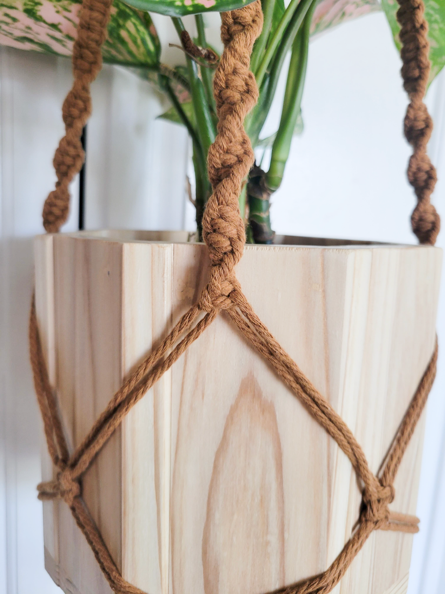 Wood Octagon Planter with Macrame