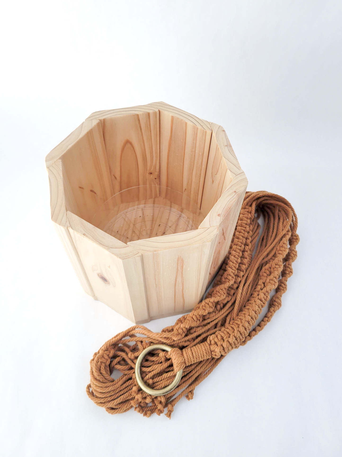 Wood Octagon Planter with Macrame