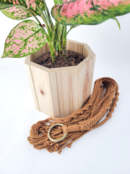 Wood Octagon Planter with Macrame